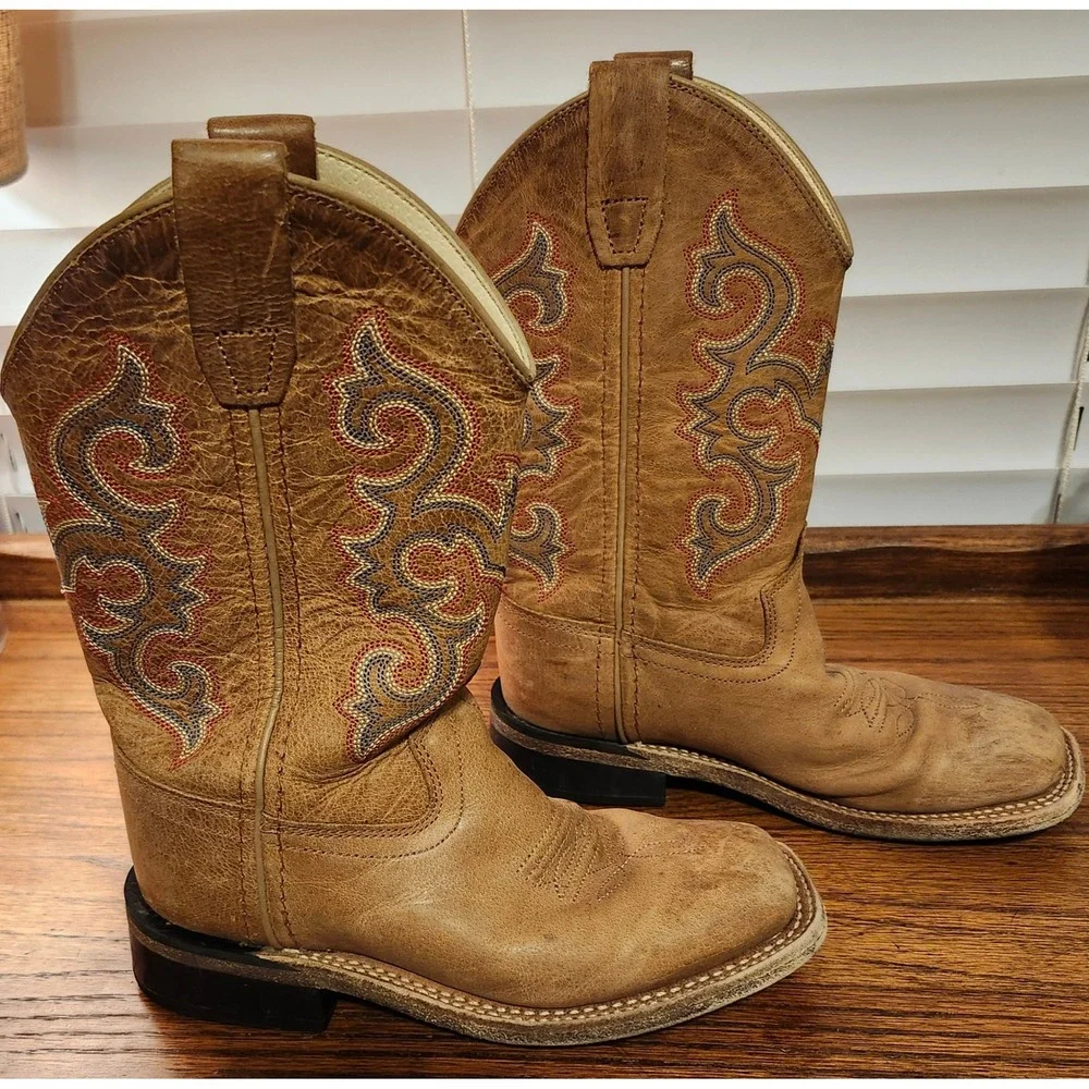 Old West Kid Tan Leather Square Toe Cowboy Boots BSC1818 Size 12D Western Stitch